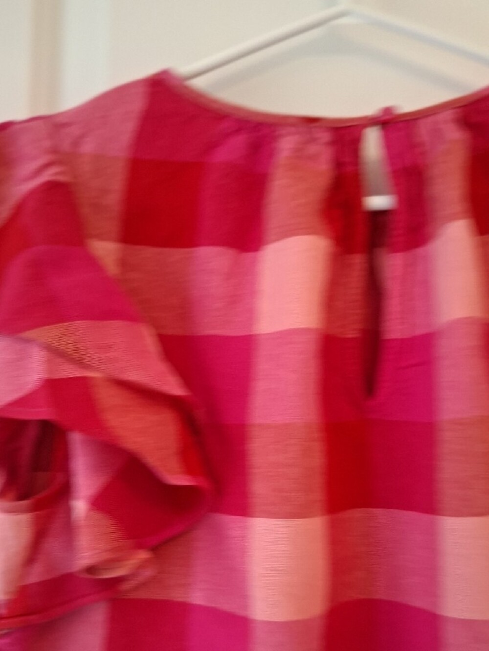 Kate Spade Pink & Red Gingham Ruffle Blouse Short Sleeve Top Linen Viscose - Picture 11 of 16